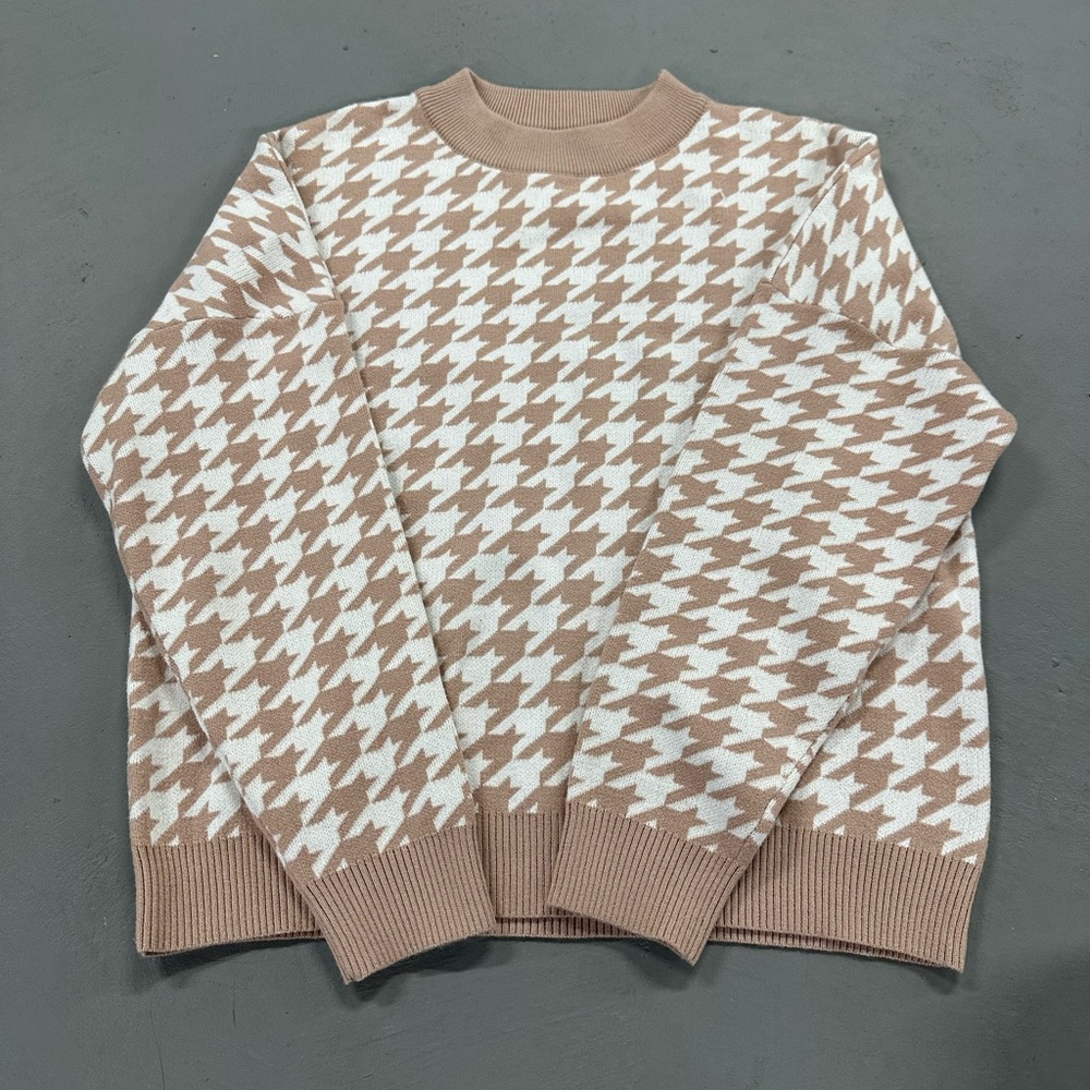 Tan and White Houndstooth Crewneck Sweater